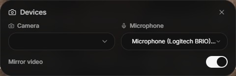 Devices settings panel: camera and microphone selection dropdowns with a mirror video toggle