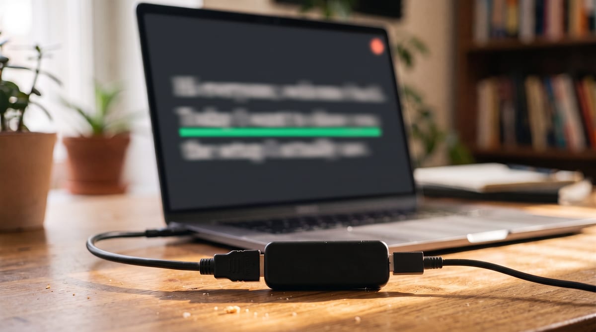 Close-up of a small USB capture dongle on a desk, a wide HDMI plug on one side and a USB connector on the other, prompter screen blurred behind it