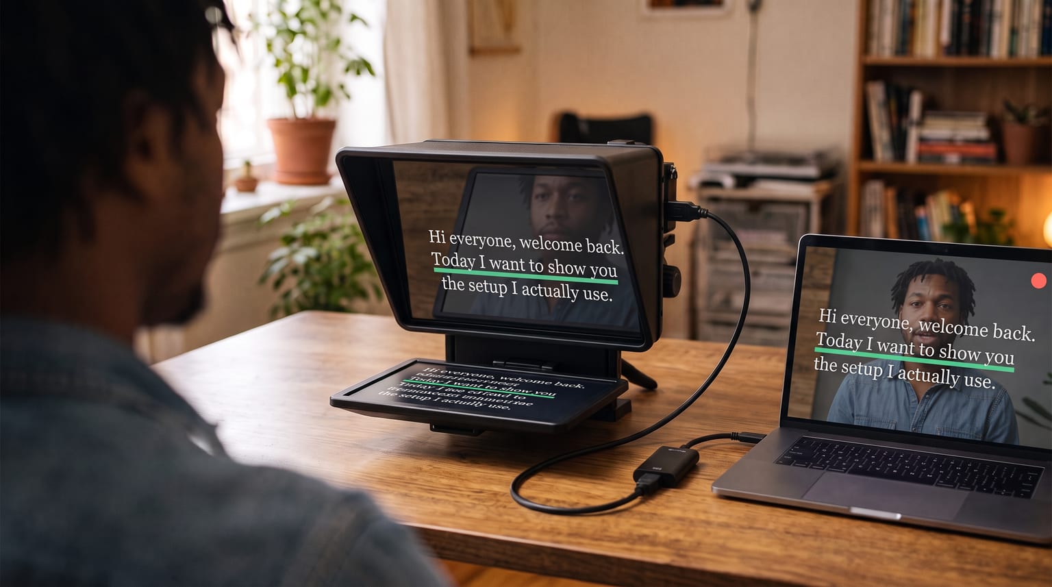 Over the shoulder of a creator at his desk, reading from a teleprompter hood with his own face behind the script, the camera shooting through the glass
