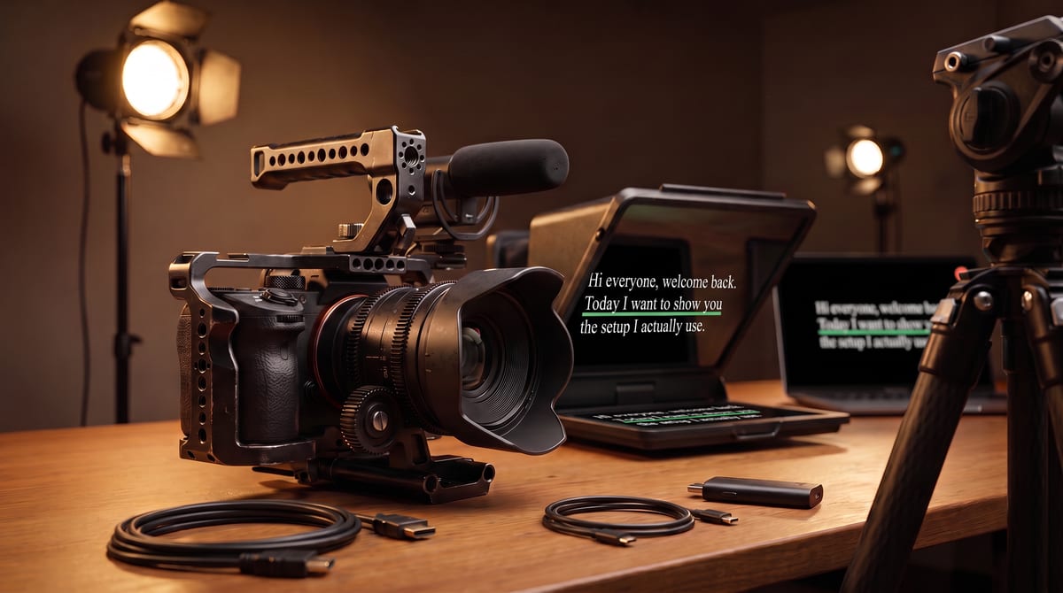 A caged mirrorless camera rig with top handle, cine lens and shotgun microphone on a desk, with a teleprompter hood, lights, tripod, cables and a capture dongle around it