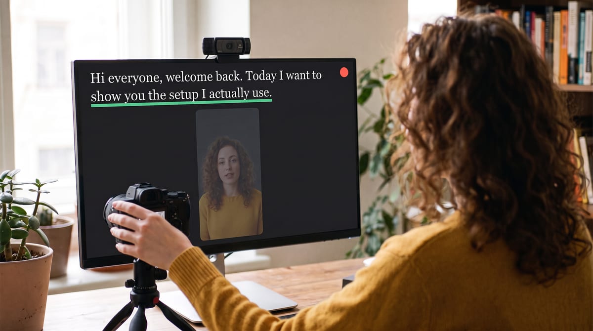 A laptop showing the prompter cropped to a tall vertical preview, with the script tucked into a band along the top edge directly beneath the webcam