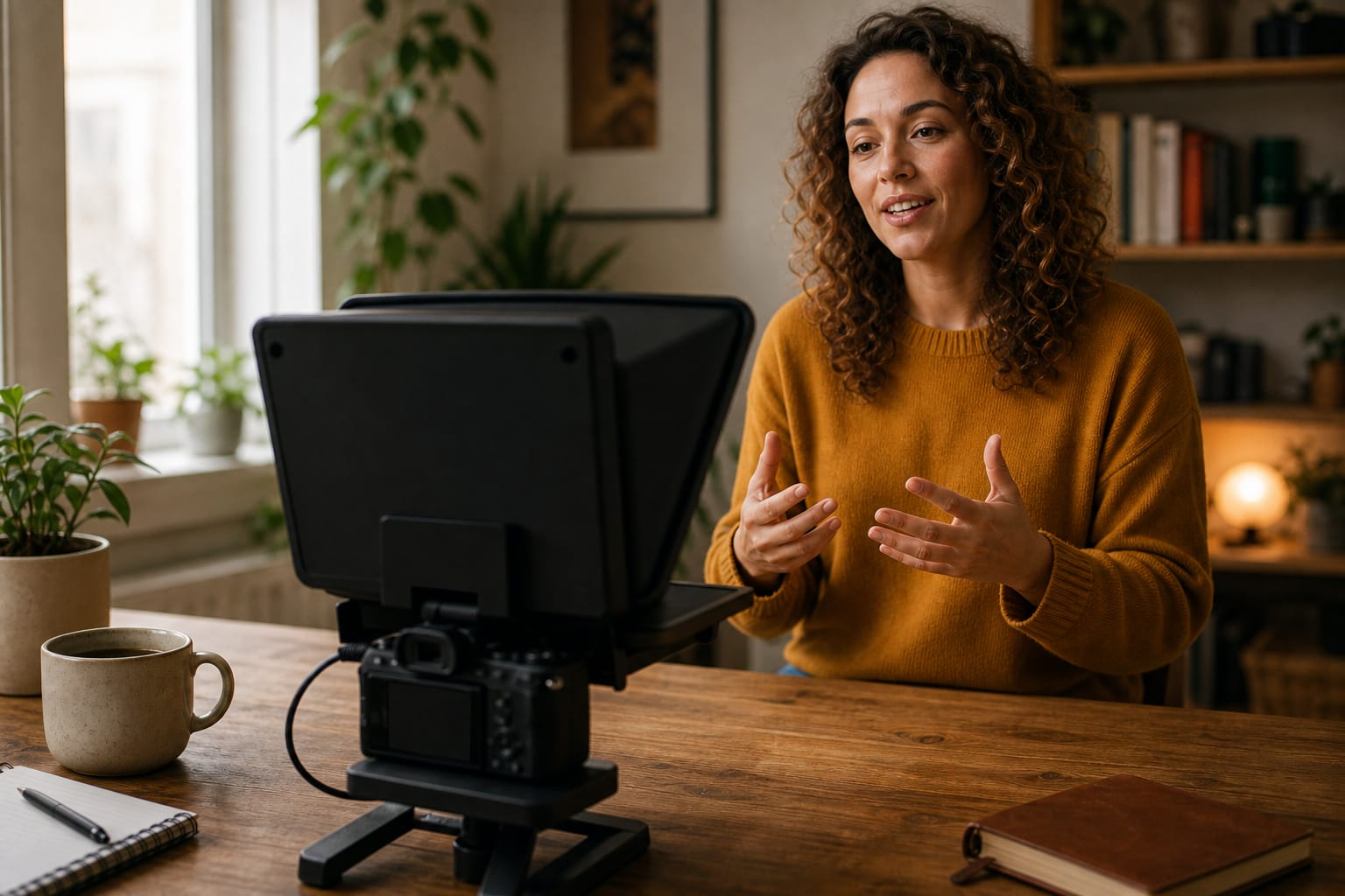 Creator at her desk reading into a desktop teleprompter hood, the camera inside the hood pointed at her