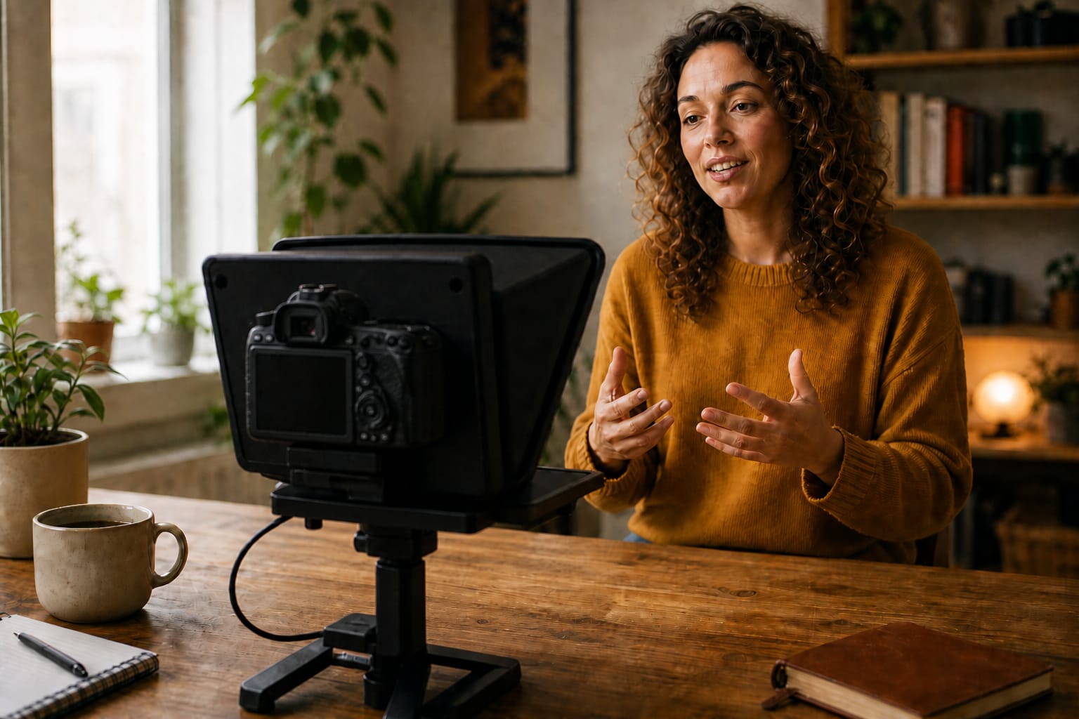 Creator at her desk reading into a desktop teleprompter hood, the camera inside the hood pointed at her