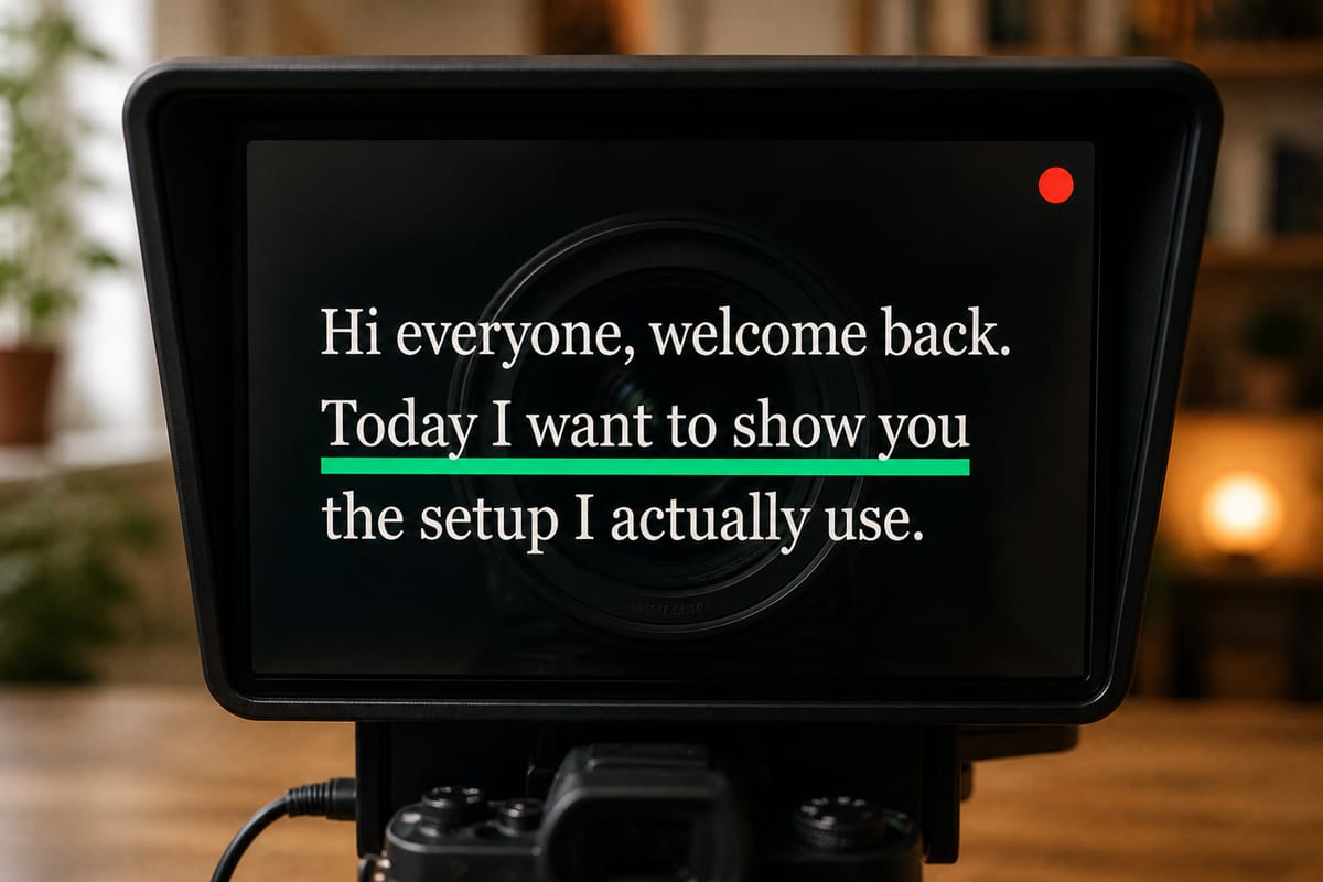 View through the teleprompter glass: serif script with a green current-line bar and coral recording dot floating over the camera lens