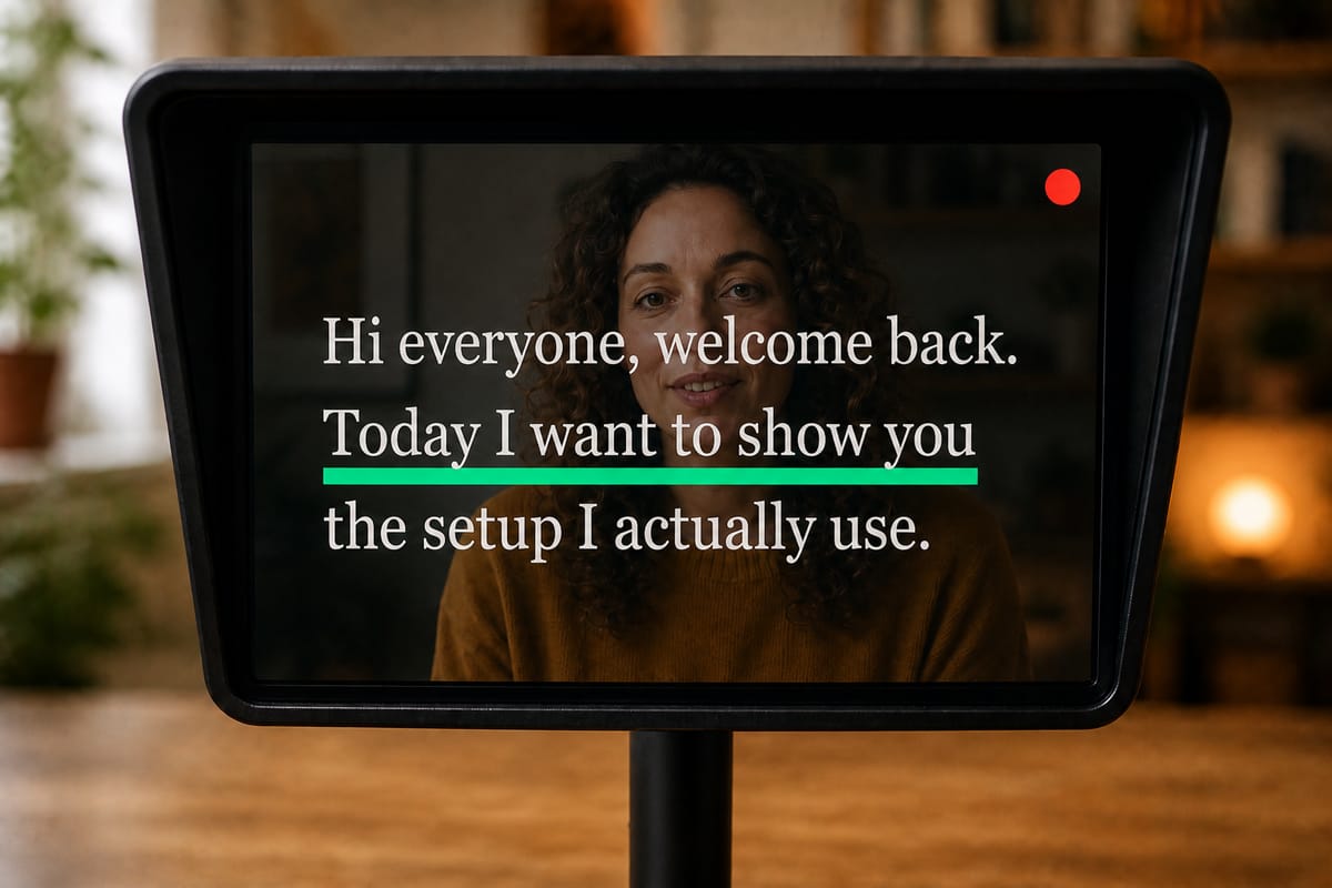 View through the teleprompter glass: the creator’s own camera feed behind serif script with a green current-line bar and coral recording dot