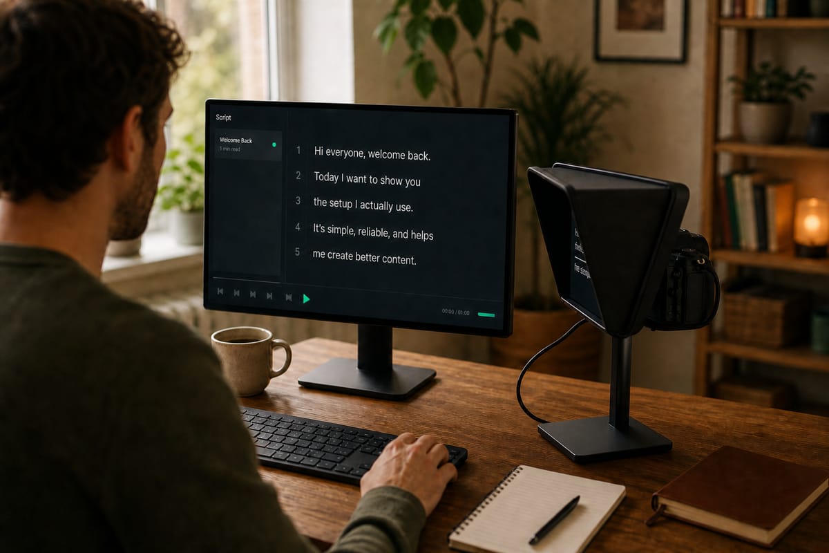 Creator at his desk with the CameraPrompter script editor on his main monitor and a teleprompter hood beside it facing him
