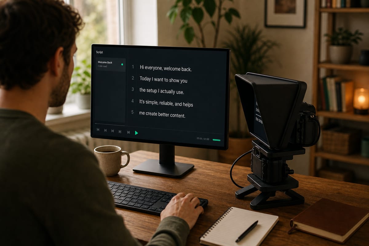 Creator at his desk with the CameraPrompter script editor on his main monitor and a teleprompter hood beside it facing him