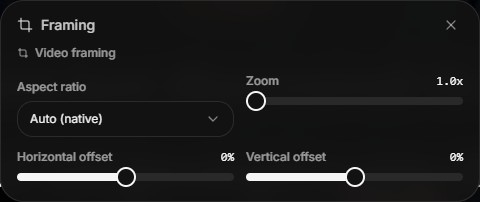 Framing settings panel: aspect ratio dropdown, zoom slider, horizontal offset slider, and vertical offset slider