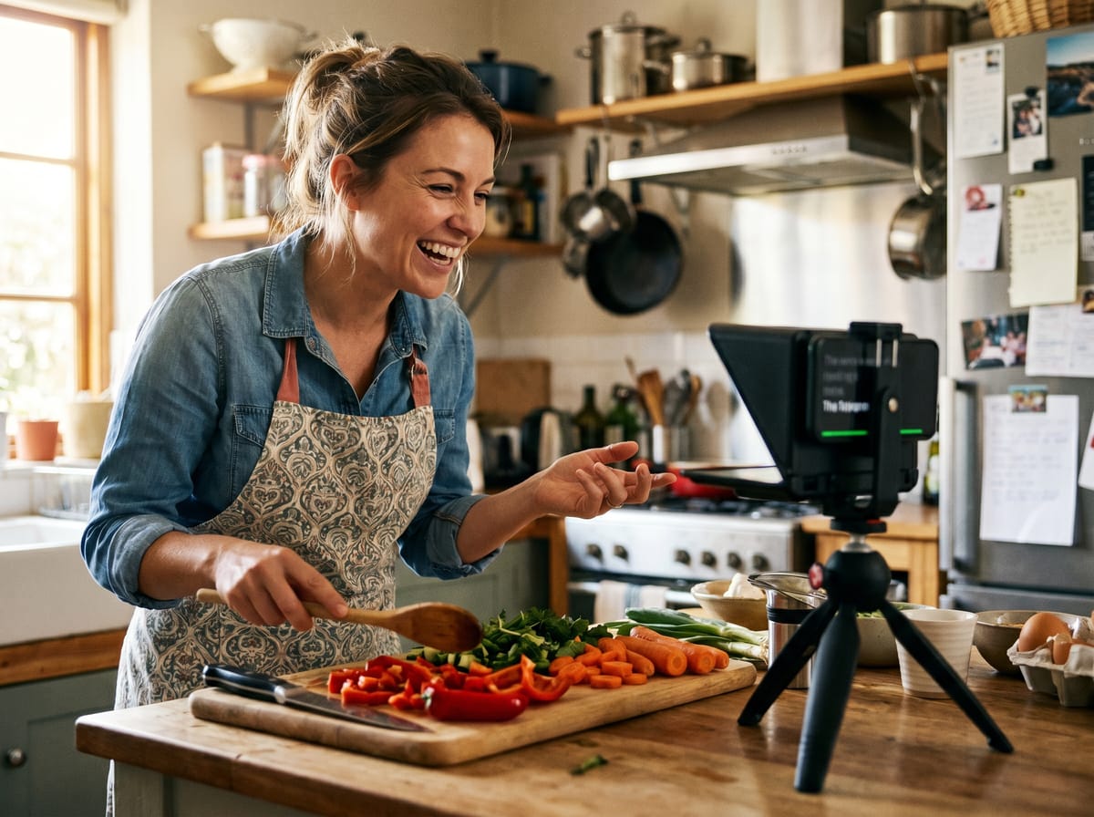 Home cook recording a video in her kitchen with just a phone on a small tripod