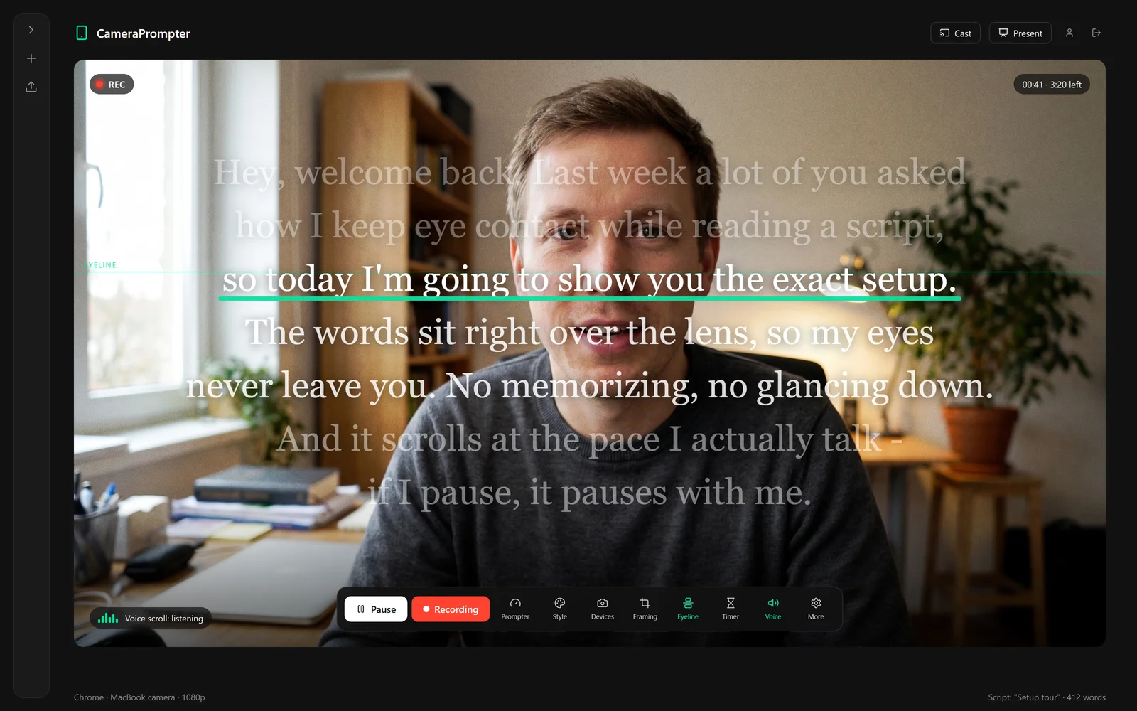 CameraPrompter Pro while recording: the script scrolls over the live camera feed, the green eyeline guide marks the current line under the lens, the coral REC badge and timer show it is live, and the control bar offers Prompter, Style, Devices, Framing, Eyeline, Timer and Voice