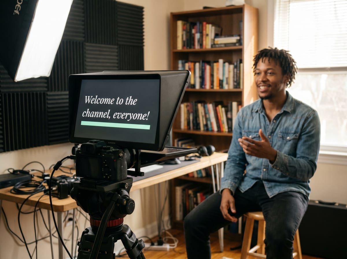 Creator filming through a mirrorless camera with a mounted teleprompter hood