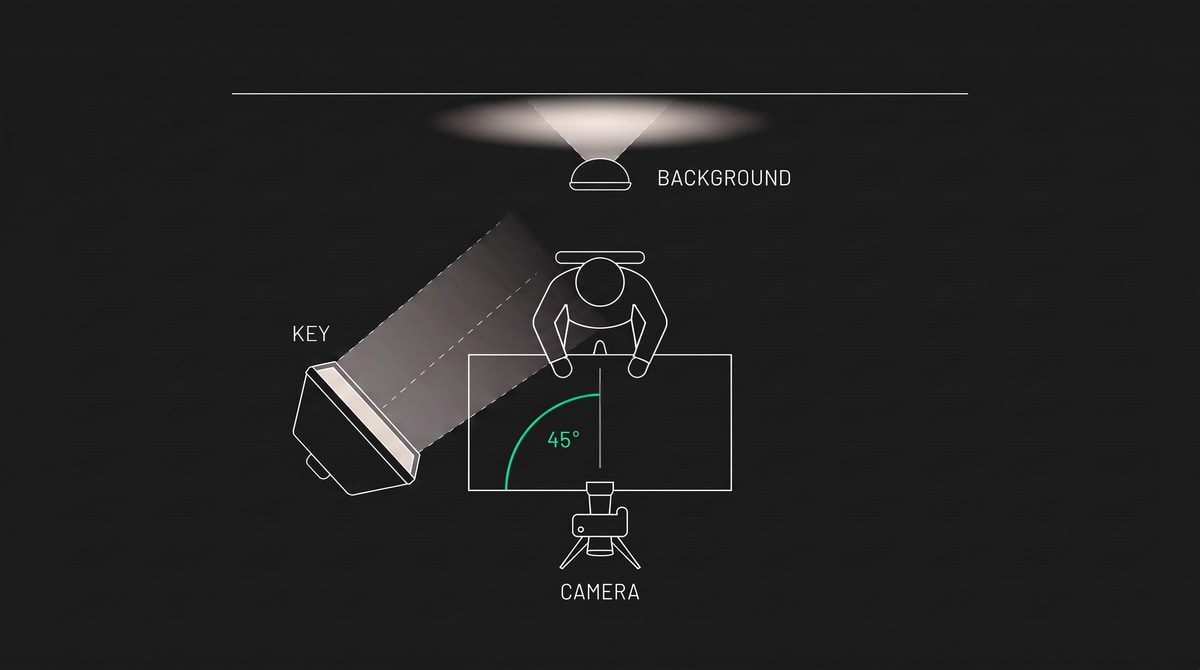Top-down floor plan: camera at the bottom, presenter facing it, key softbox at 45 degrees in front-left, and a background light between her and the back wall throwing a pool onto it