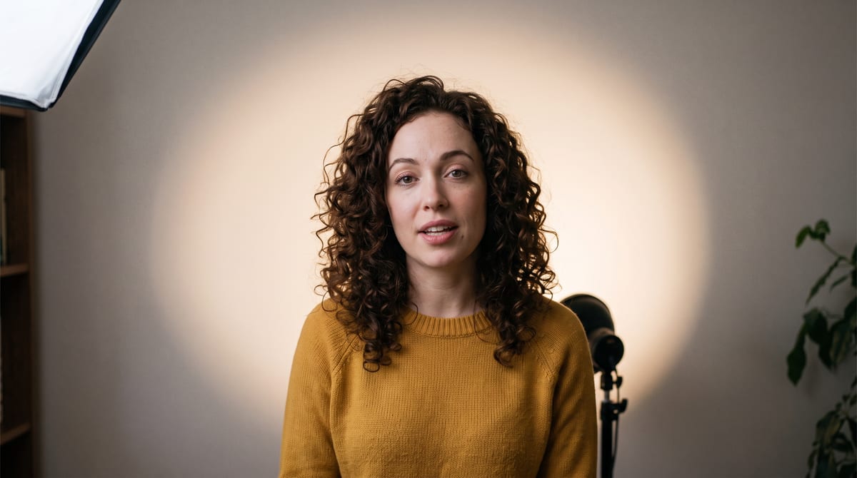 A creator facing the camera with a soft warm pool of light on the wall directly behind her head, her dark curls reading sharply against it
