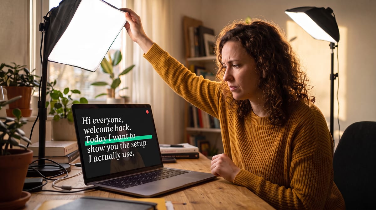 A creator tilting her softbox with one hand while watching her own face on the prompter screen, script scrolling over the live feed
