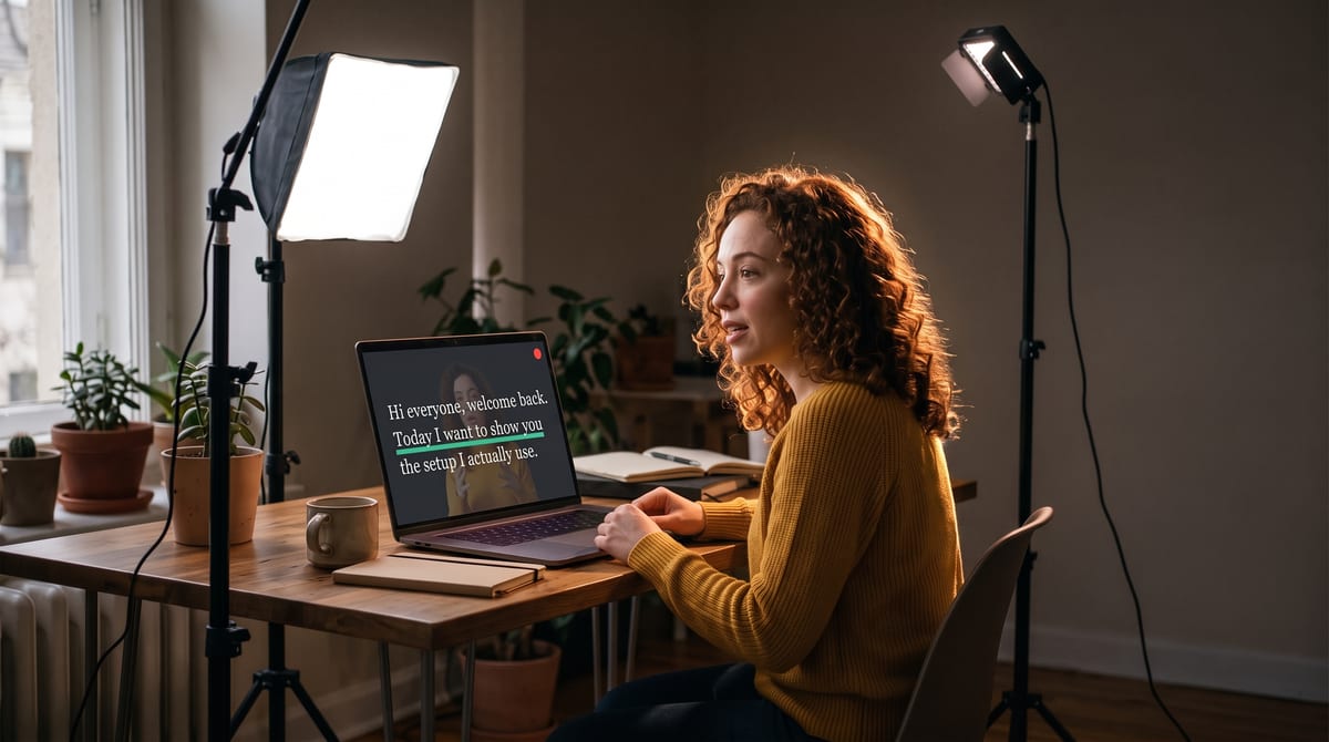 A creator with a bright warm rim of light along the top and back of her curly hair and her shoulder, the wall behind her left in darkness