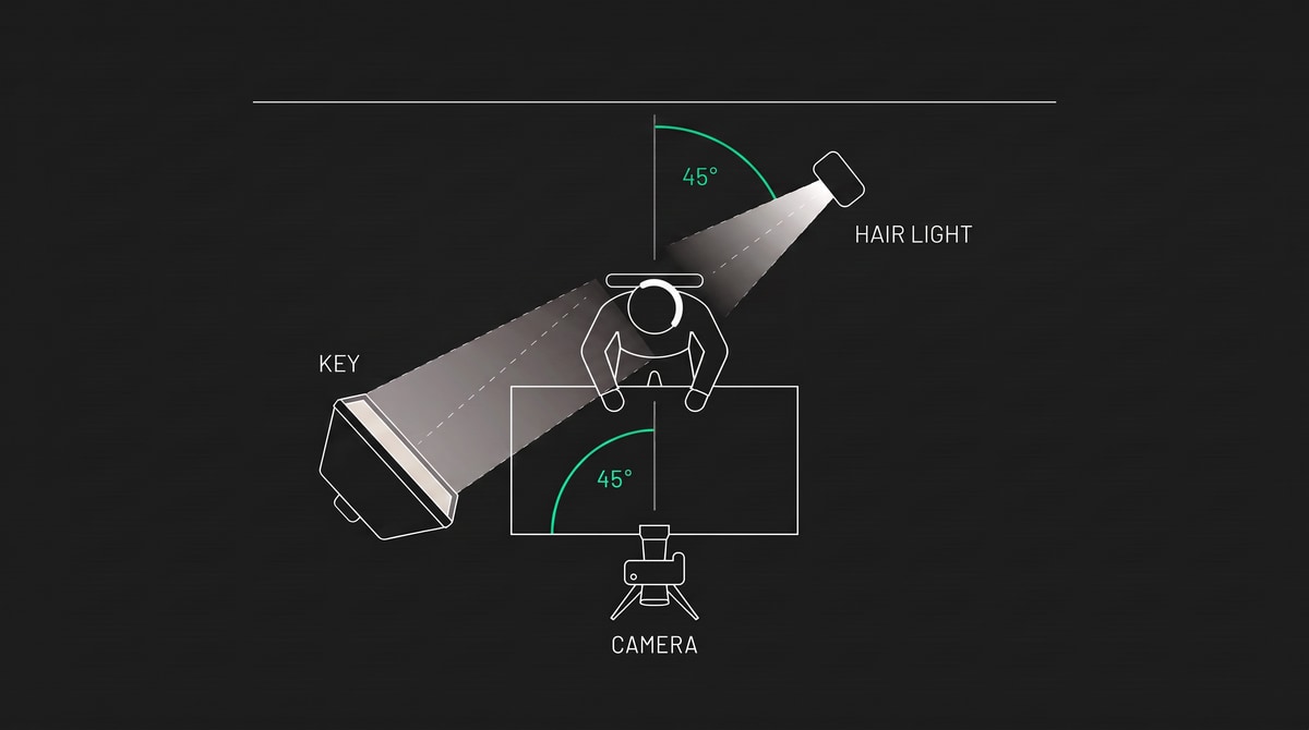 Top-down floor plan: camera at the bottom, presenter facing it, key softbox at 45 degrees in front-left, and a hair light behind and to the right aimed at the back of her head