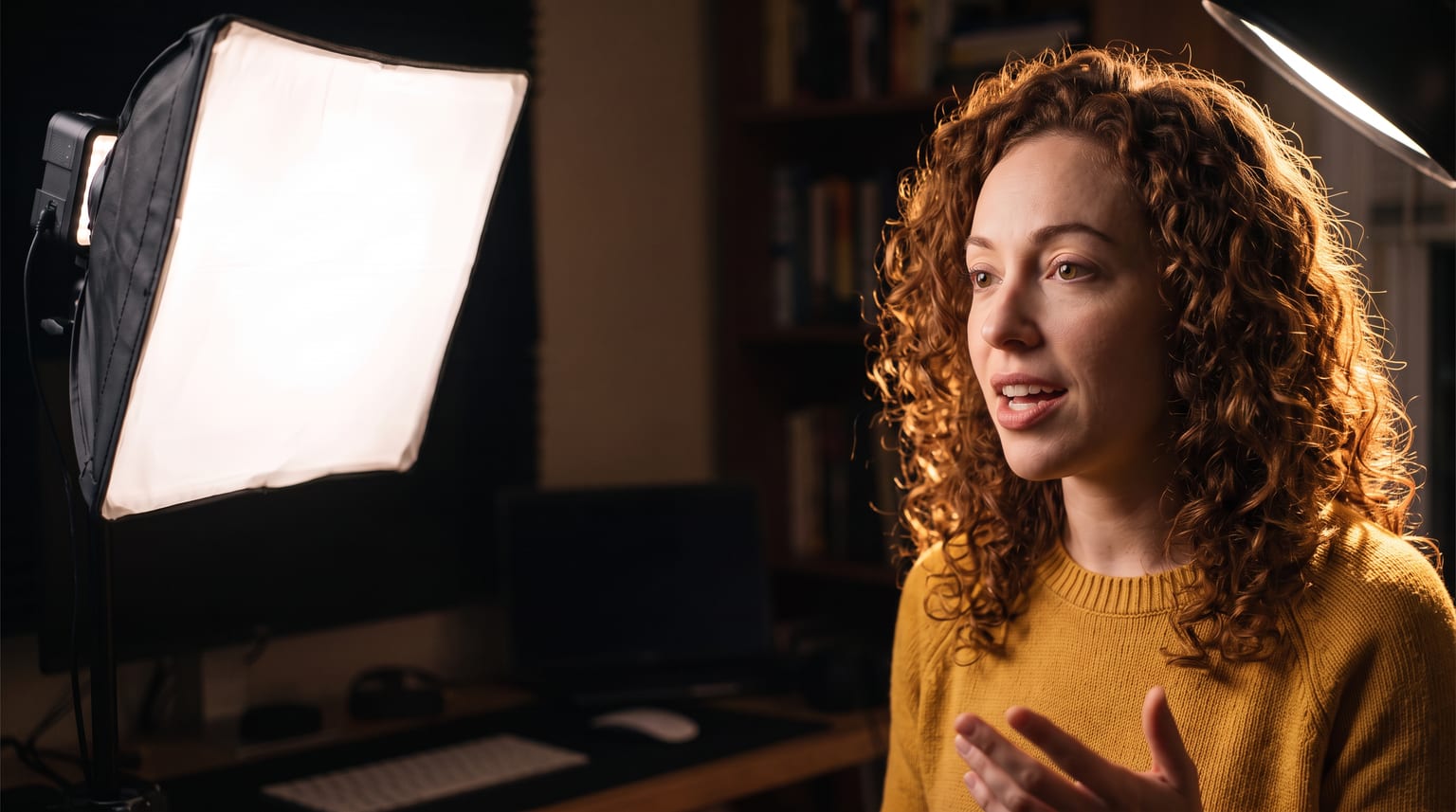 A creator lit by a softbox at frame left, the shadow falling correctly across her far cheek and a hair light rimming her curls from behind on the right