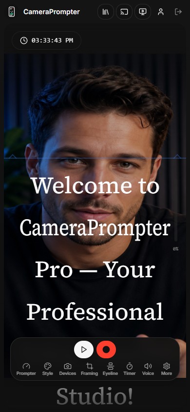 CameraPrompter on a phone in portrait orientation, video filling the whole screen