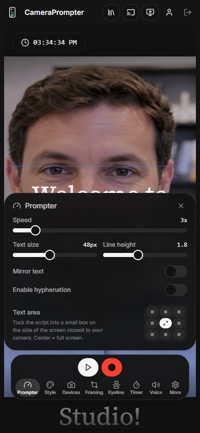 CameraPrompter on a phone with the Prompter settings panel open over the camera feed