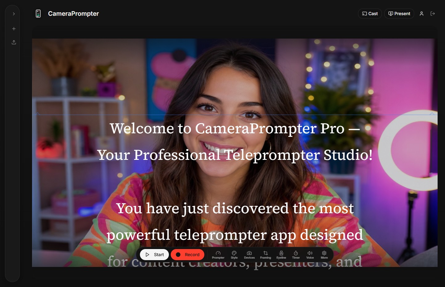 CameraPrompter used by a content creator with a colorful ring-light setup