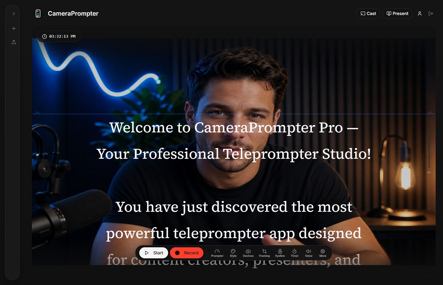 CameraPrompter used by a podcaster with a studio microphone, showing the clock timer