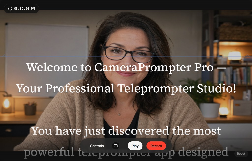 Presentation mode: full-screen, low-opacity script over the camera feed with the eyeline aligned to the presenter's eyes and a minimal control dock