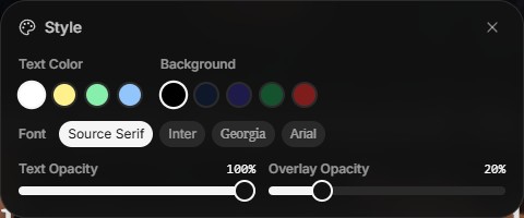 Style settings panel: text color swatches, background color swatches, font picker, text opacity slider, and overlay opacity slider