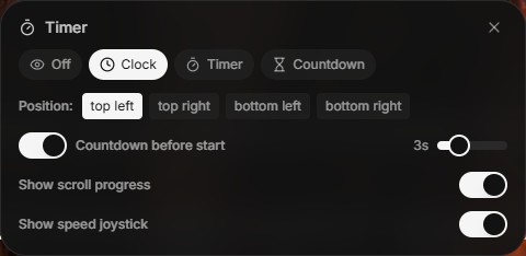 Timer settings panel: Off, Clock, Timer, and Countdown mode buttons, a screen-corner position picker, and countdown-before-start, scroll progress, and speed joystick toggles
