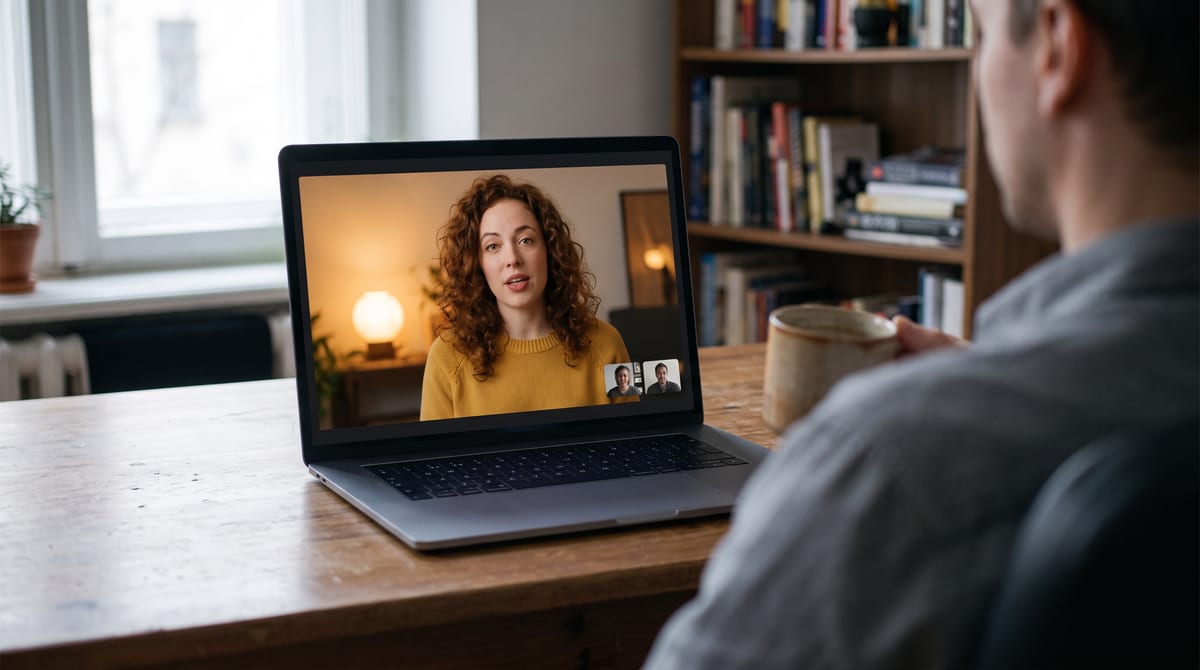 The same call seen from a participant’s laptop: only the presenter’s clean video, with no script text anywhere on it