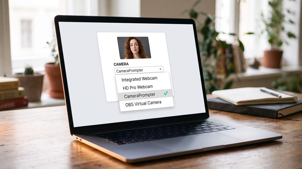 A video call settings panel with the camera dropdown open, showing "CameraPrompter" listed alongside the built-in webcam