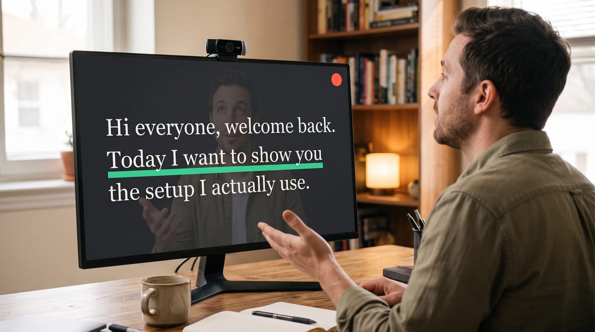 A presenter reading a script that fills her whole monitor, her own camera feed visible behind the text with the current line marked in green