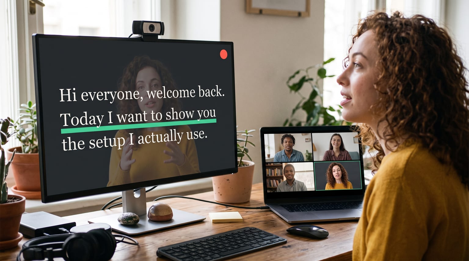 A creator on a video call, her script scrolling full screen over her own face on her monitor while the call window shows only her clean video