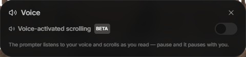 Voice settings panel with a Voice-activated scrolling toggle marked BETA